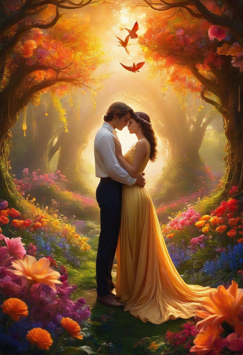 A mesmerizing scene depicting an ethereal fantasy land where lovers connect deeply amidst lush, vibrant landscapes filled with fantastical creatures. The atmosphere is charged with passion and intimacy, showcasing intricate details of their emotional expressions and surroundings, blending surreal elements with dreamy textures. Enveloping the image with a magical glow that softens the boundaries between reality and fantasy. vibrant colors. super-realistic. magical realism.